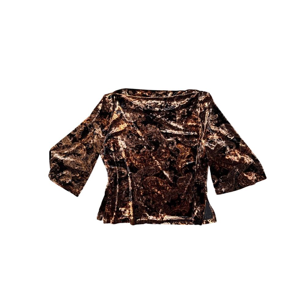 Vintage Y2K mixit brown velvet paisley boatneck blouse top flare sleeves XL USA